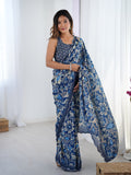 Navy Blue Chinon Digital Printed Designer Saree with Blouse