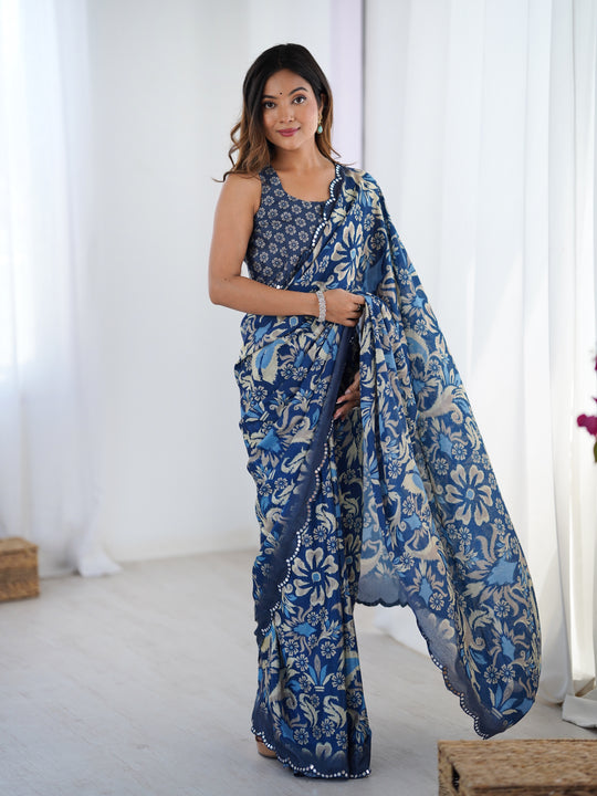 Navy Blue Chinon Digital Printed Designer Saree with Blouse