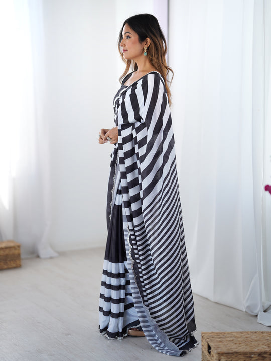 Black Chinon Digital Printed Designer Saree with Blouse