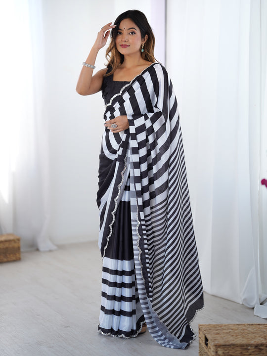 Black Chinon Digital Printed Designer Saree with Blouse