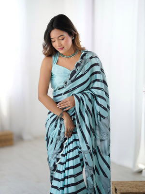 Sea Green Chinon Digital Printed Designer Saree with Blouse