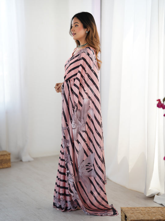 Baby Pink Chinon Digital Printed Designer Saree with Blouse