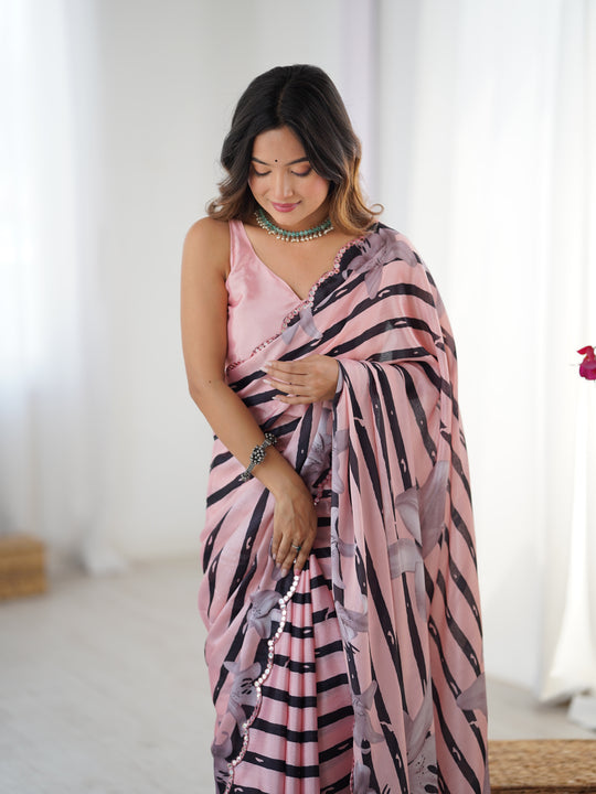 Baby Pink Chinon Digital Printed Designer Saree with Blouse
