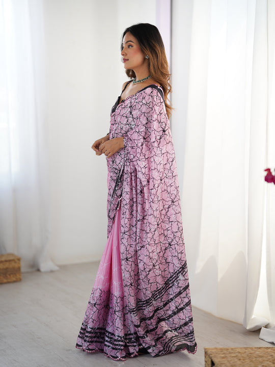 Pink Chinon Digital Printed Designer Saree with Blouse