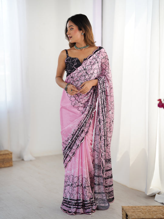 Pink Chinon Digital Printed Designer Saree with Blouse