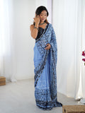Blue Chinon Digital Printed Designer Saree with Blouse