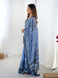 Blue Chinon Digital Printed Designer Saree with Blouse