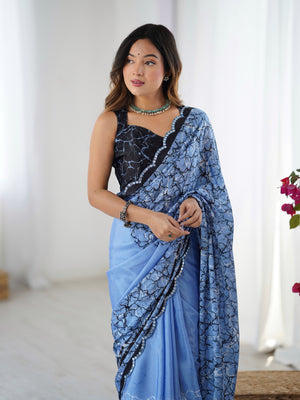 Blue Chinon Digital Printed Designer Saree with Blouse