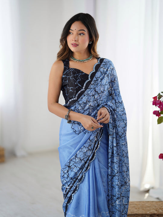 Blue Chinon Digital Printed Designer Saree with Blouse