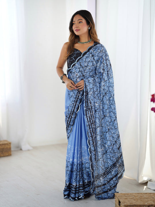 Blue Chinon Digital Printed Designer Saree with Blouse