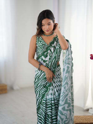 Green Chinon Digital Printed Designer Saree with Blouse