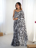 Black Chinon Digital Printed Designer Saree with Blouse