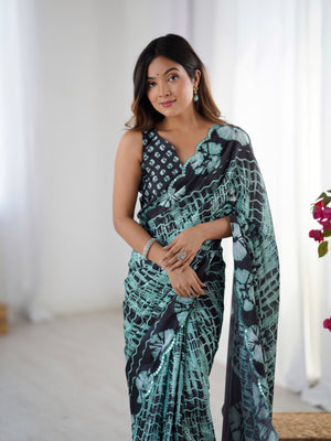 Sea Green Chinon Digital Printed Designer Saree with Blouse
