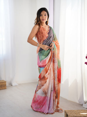 Multicolor Chinon Digital Printed Designer Saree with Blouse