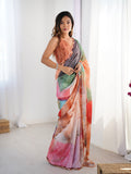 Multicolor Chinon Digital Printed Designer Saree with Blouse
