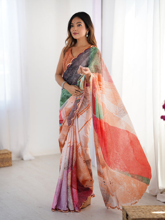 Multicolor Chinon Digital Printed Designer Saree with Blouse