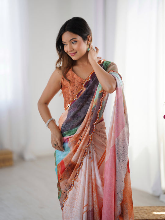 Multicolor Chinon Digital Printed Designer Saree with Blouse