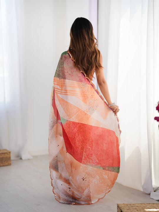 Multicolor Chinon Digital Printed Designer Saree with Blouse