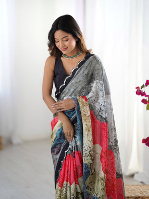 Multicolor Chinon Digital Printed Designer Saree with Blouse