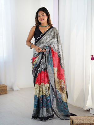 Multicolor Chinon Digital Printed Designer Saree with Blouse
