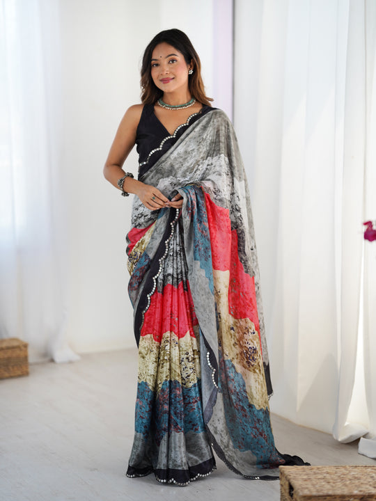 Multicolor Chinon Digital Printed Designer Saree with Blouse