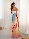 Multicolor Chinon Digital Printed Designer Saree with Blouse