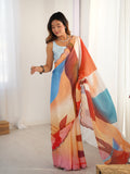 Multicolor Chinon Digital Printed Designer Saree with Blouse