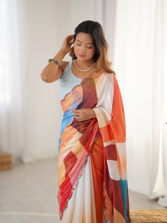 Multicolor Chinon Digital Printed Designer Saree with Blouse
