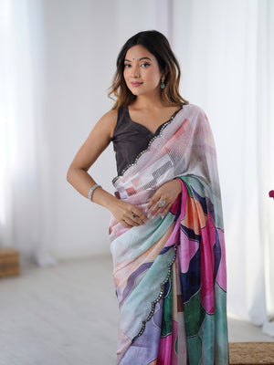 Multicolor Chinon Digital Printed Designer Saree with Blouse