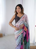 Multicolor Chinon Digital Printed Designer Saree with Blouse