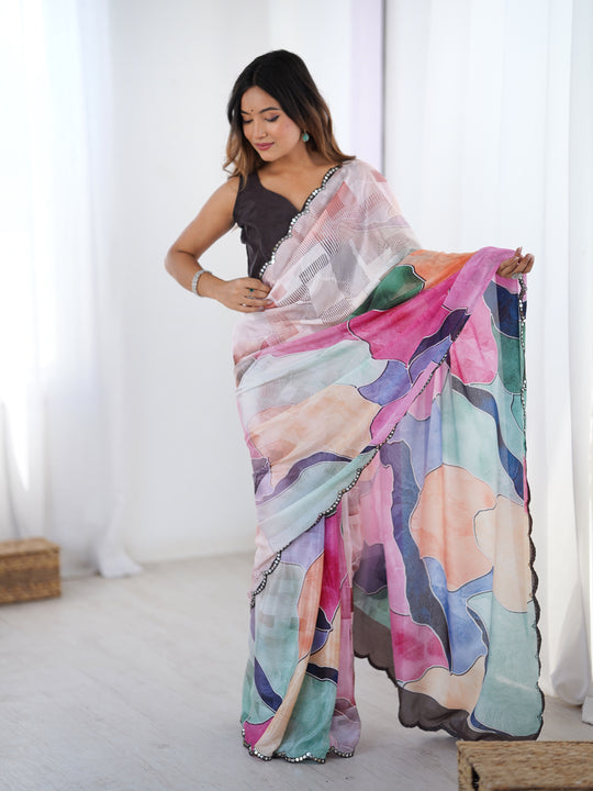 Multicolor Chinon Digital Printed Designer Saree with Blouse