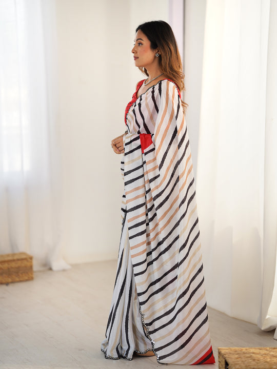 Off White Chinon Digital Printed Designer Saree with Blouse