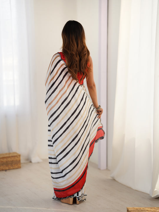 Off White Chinon Digital Printed Designer Saree with Blouse