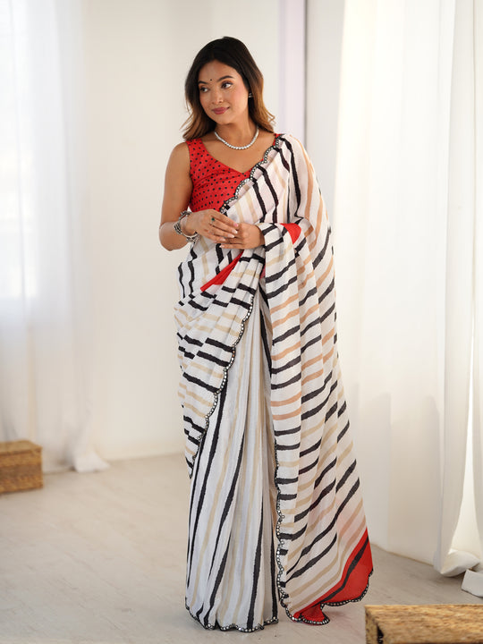 Off White Chinon Digital Printed Designer Saree with Blouse