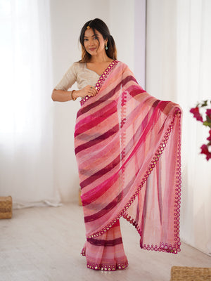Pink Chinon Leriya Zari Printed Designer Saree with Blouse