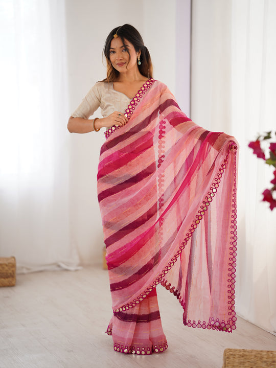 Pink Chinon Leriya Zari Printed Designer Saree with Blouse
