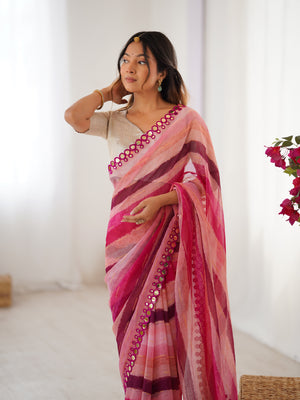 Pink Chinon Leriya Zari Printed Designer Saree with Blouse