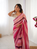 Pink Chinon Leriya Zari Printed Designer Saree with Blouse