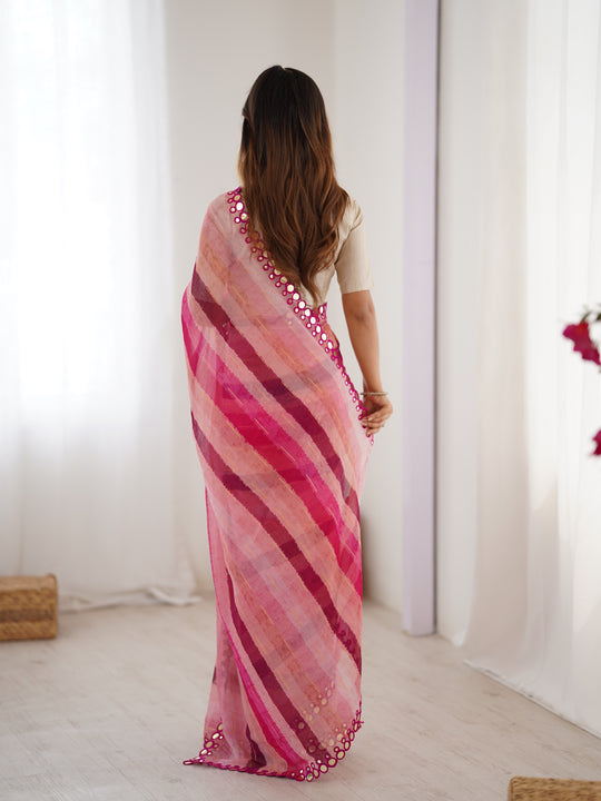 Pink Chinon Leriya Zari Printed Designer Saree with Blouse