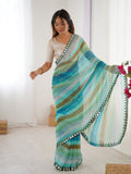 Sky Blue Chinon Leriya Zari Printed Designer Saree with Blouse