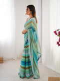 Sky Blue Chinon Leriya Zari Printed Designer Saree with Blouse