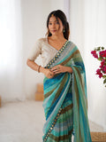 Sky Blue Chinon Leriya Zari Printed Designer Saree with Blouse