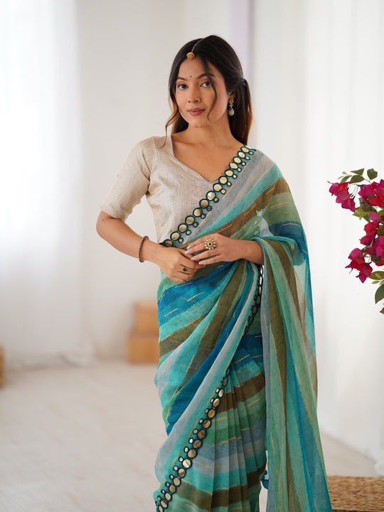 Sky Blue Chinon Leriya Zari Printed Designer Saree with Blouse