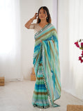 Sky Blue Chinon Leriya Zari Printed Designer Saree with Blouse