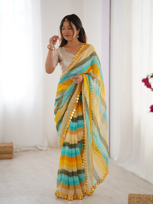 Yellow Chinon Leriya Zari Printed Designer Saree with Blouse