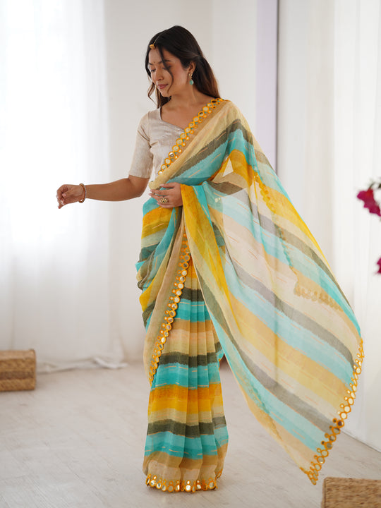 Yellow Chinon Leriya Zari Printed Designer Saree with Blouse