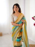 Yellow Chinon Leriya Zari Printed Designer Saree with Blouse
