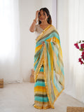 Yellow Chinon Leriya Zari Printed Designer Saree with Blouse