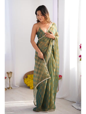 Mehendi Box Chiffon Moti Lace Border Designer Saree with Blouse