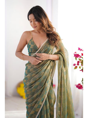 Mehendi Box Chiffon Moti Lace Border Designer Saree with Blouse